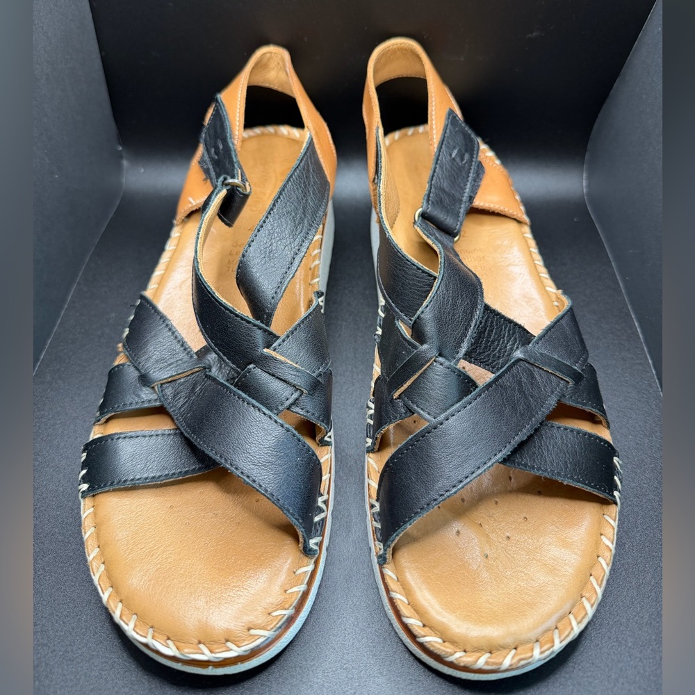 Spring Step Black and Tan Leather Crisscross Slingback Sandals